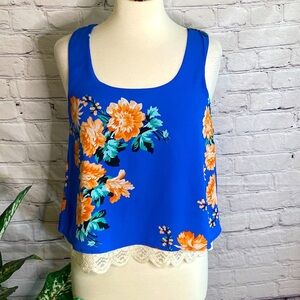 Sequin Hearts small blue tank blouse with cream lace hem on inside liner